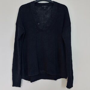 J. CREW Sz Small Oversize Linen Black V-Neck Pullover long sleeve preppy sweater